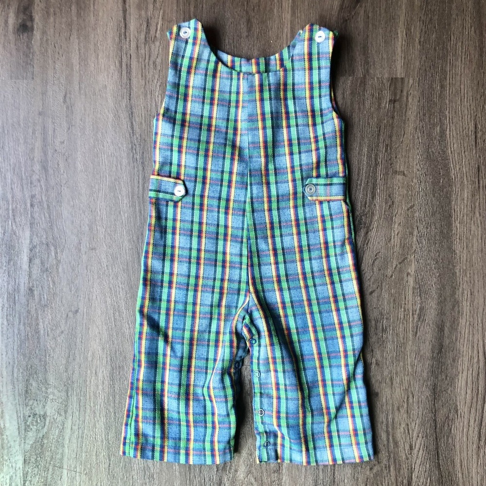 Vintage Gerber Baby Romper 18M Blue Green Plaid Overall 70s Retro Kitschy